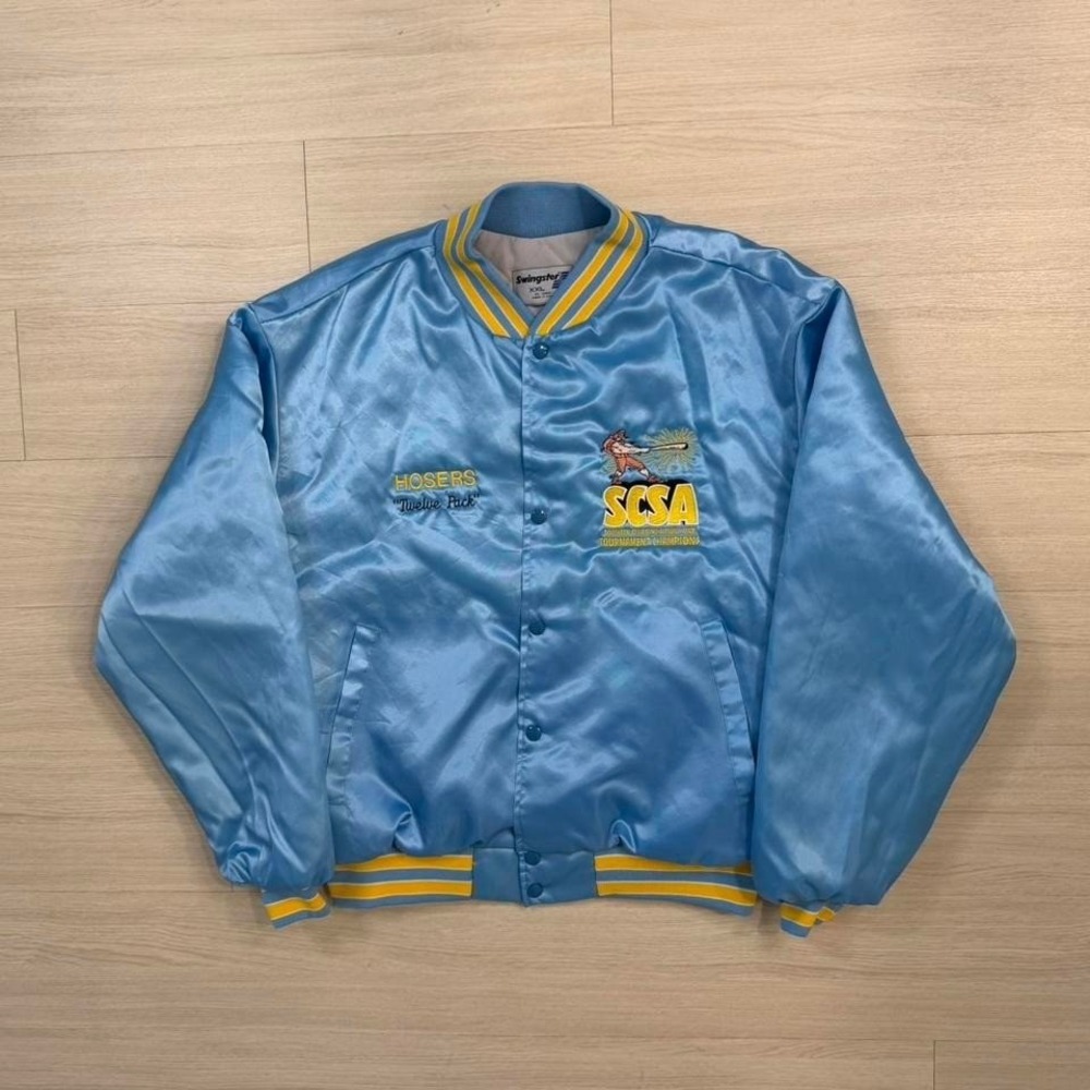 80's Swingster Satin SCSA Champions Bomber Jacket Men's Size XXL Light Blue